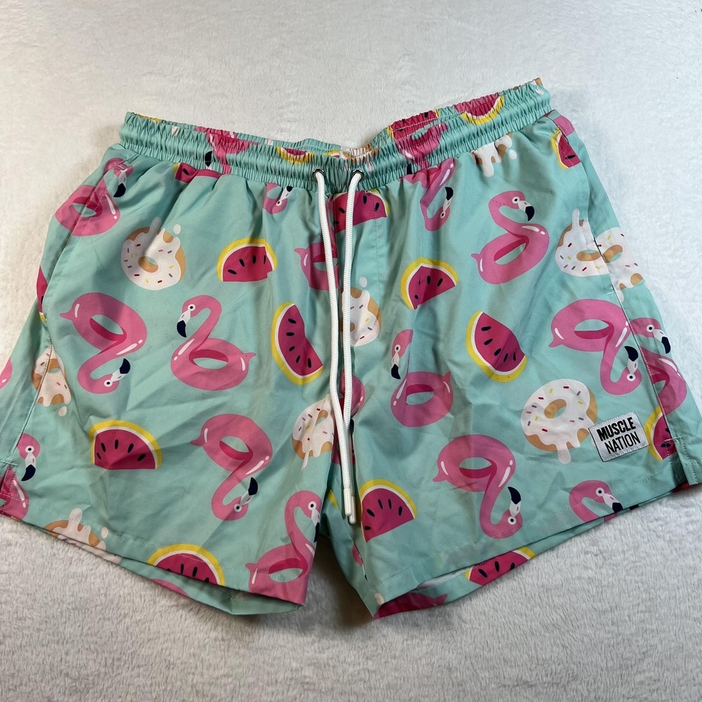 Muscle‎ Nation Swim Trunks Shorts Mens XL Flamingo Donut Watermelon Fun Print